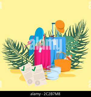 Travel concept with new standards and requirements. Set of travel health certificate, coronavirus test and luggage with beach items Stock Vector
