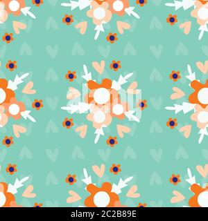 Wild meadow flowers seamless vector pattern background. Bouquets of florals orange teal backdrop. Folk country style geometric design. Modern all over Stock Vector