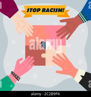 Stop racism banner, black lives matter, hands concept with color puzzle, illustration vector Stock Vector