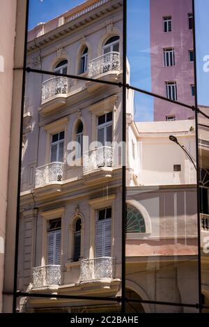 Reflections of beautiful old buildings in central Havana, Cuba Stock Photo