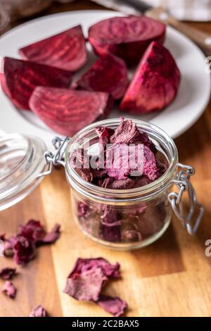 Tasty raw beetroot. Dried beetroot in jar. Stock Photo