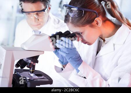 Life scientists researching in laboratory. Attractive female young scientist and her doctoral supervisor microscoping in their working environment. He Stock Photo