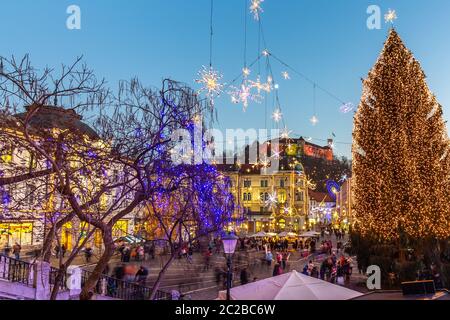 Romantic Ljubljana's city center decorated for Christmas holidays. Preseren's square, Ljubljana, Slovenia, Europe. Stock Photo