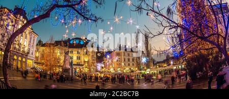 Romantic Ljubljana's city center decorated for Christmas holidays. Preseren's square, Ljubljana, Slovenia, Europe. Stock Photo