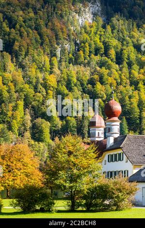 Sant Bartholomae church at Koenigssee in Bavaria Stock Photo