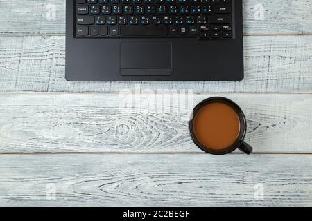 Workspace . laptop and Cup of coffee. minimalism. the view from the top. flat lay Stock Photo