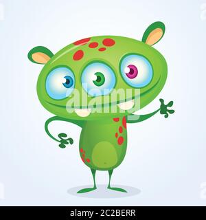 Green funny happy cartoon monster. Green vector alien character with three eyes. Halloween design Stock Vector