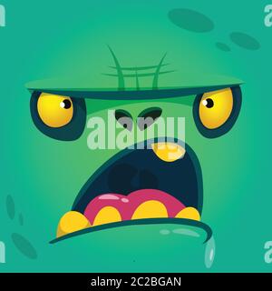 Cartoon angry and funny zombie face. Vector zombie monster square avatar Stock Vector