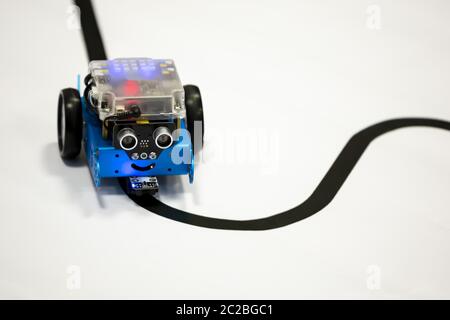 Self-made robot by student Start Stock Photo