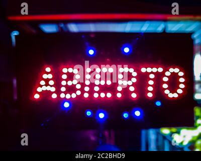 Open Neon Sign Night Urban Scene Stock Photo