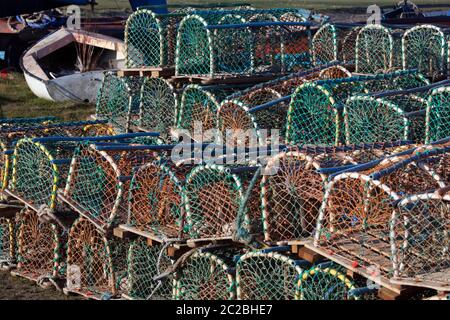 Lobster pots on harbour, Lindisfarne (Holy Island), Northumberland, England, United Kingdom, Europe Stock Photo