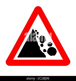 The traditional 'DANGER FALLING ROCKS' triangle, traffic sign isolated on a white background.. Stock Photo