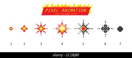 Nuclear explosion. Pixel art 8 bit fire objects. Game icons set. Comic boom flame effects. Bang burst explode flash dynamite with smoke. Digital icons Stock Vector