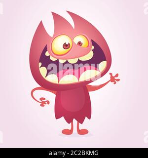 Vector cartoon image of funny red devil monster with standing and frightening on a white background. Vector cartoon illustration of monster for Hallow Stock Vector