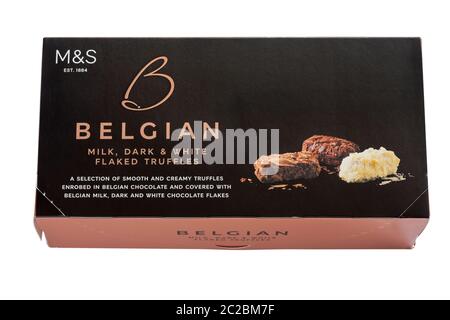 Box of Marks & Spencer Belgian milk dark & white Flaked Truffles isolated on white background - chocolate truffles Stock Photo