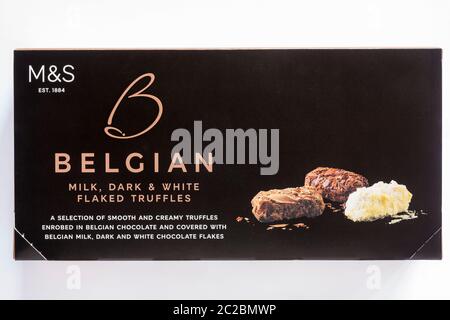 Box of Marks & Spencer Belgian milk dark & white Flaked Truffles isolated on white background - chocolate truffles Stock Photo