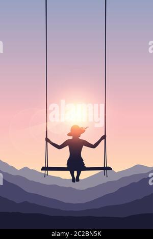pretty girl on a swing on mountain background in summer vector illustration EPS10 Stock Vector
