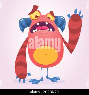 Happy cool cartoon fat monster. Red and horned vector monster character waving Stock Vector