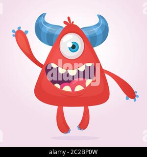 Cool cartoon red monster. Vector horned one eye cyclop monster screaming and presenting. Stock Vector