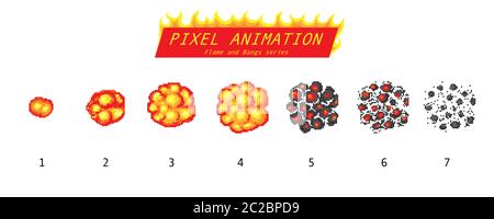 Nuclear explosion. Pixel art 8 bit fire objects. Game icons set. The evolution of a Comic boom flame. Bang burst explode flash dynamite with smoke Stock Vector