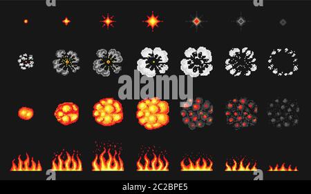 Pixel art 8 bit fire objects. Nuclear explosion. Game icons set. Comic boom flame effects. Bang burst explode flash dynamite with smoke. Digital icons Stock Vector