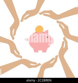 piggy bank with coin in the middle of human hands vector illustration EPS10 Stock Vector