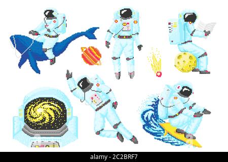 Pixel art astronaut. Spaceman 8 bit objects. Space art, digital icons. cosmonaut on a whale, moon and wave. Retro assets. Vintage game style. Set of Stock Vector