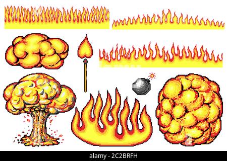 Nuclear explosion. Pixel art 8 bit fire objects. Mushroom cloud. Game icons set. Comic large boom flame effects. Bang burst explode dynamite. Lit Stock Vector