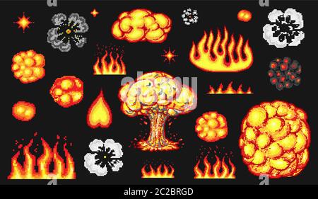 Nuclear explosion. Pixel art 8 bit fire objects. Mushroom cloud. Game icons set. Comic boom flame. Bang burst explode dynamite with smoke. Lit match Stock Vector