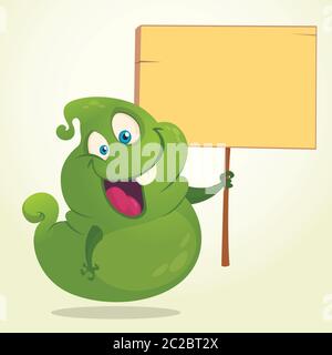 Cartoon illustration of a ghost holding blank wooden sign. Stock Vector