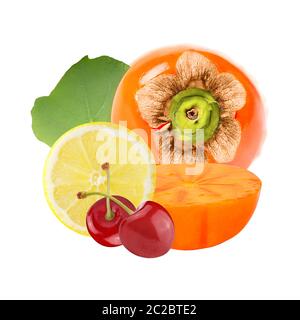 Isolated fruits. Persimmon with lemon and cherries isolated on white background, with clipping path as package design element and advertising. full de Stock Photo