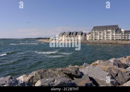 Sea and beach at high tide of La Turballe, a commune in the Loire-Atlantique department in western France. Stock Photo