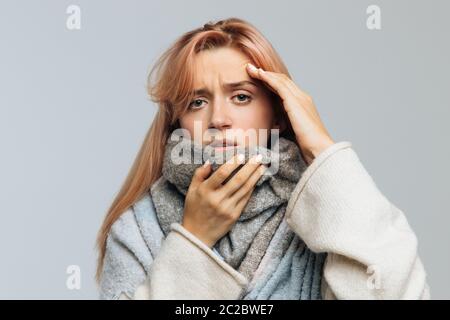 Cute young blonde woman feeling the first symptoms of illness, wrapped in a warm scarf, looking at camera, closeup isolated on grey background. Cold, Stock Photo