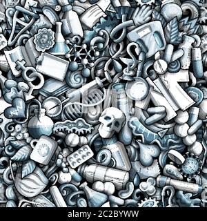 Cartoon cute doodles hand drawn Medicine seamless pattern. Stock Vector