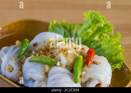 Thai dessert on wood background, Steamed rice skin dumplings Stock Photo