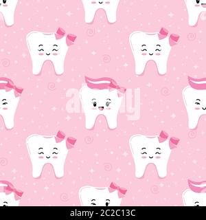 Cute tooth emoji girl seamless pattern. Stock Vector