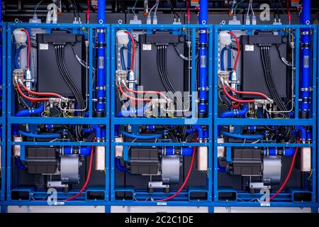 Laage, Germany. 12th June, 2020. The fuel cell in Europe's largest grid-connected hydrogen power plant in the company Apex Energy, according to the company. Starting this fall, Apex will supply green energy for industry and commerce, housing companies, public transportation, or for the temporary storage of control energy. In this way, up to 300 tons of hydrogen can be produced annually exclusively from renewable energy sources. Credit: Jens Büttner/dpa-Zentralbild/ZB/dpa/Alamy Live News Stock Photo