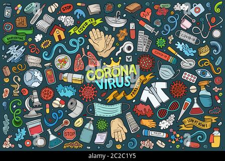 Doodle cartoon set of Coronavirus theme objects Stock Vector