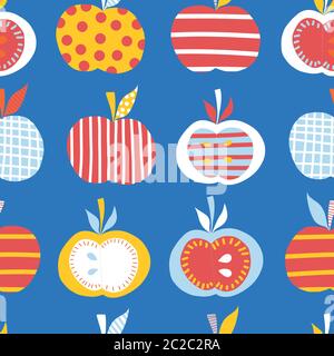 Apples seamless repeating vector pattern. Cute abstract apple illustration background. Fruits in blue, red, white, orange, yellow Scandinavian style Stock Vector