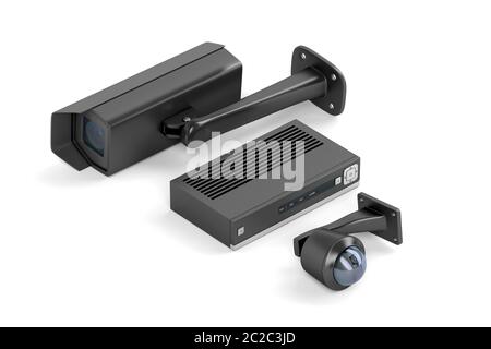 Black video surveillance cameras and digital video recorder on white background Stock Photo