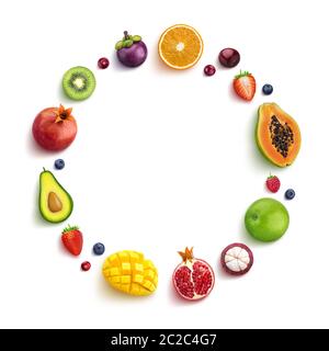 Various fruits and berries isolated on white background, top view, round frame of fruits Stock Photo