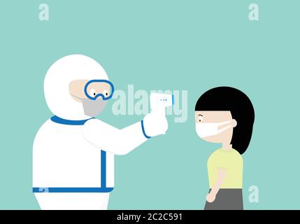 Doctor in professional protective equipment using instrument to measure temperature a woman wearing protective mask in covid pandemic outbreak. Stock Vector