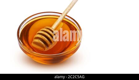 Honey stick and bowl of honey isolated on white background with clipping path Stock Photo