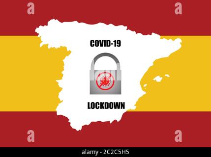 Concepts of lockdown spain for covid-19 outbreak. Illustration of Spain map and keylock. Stock Vector