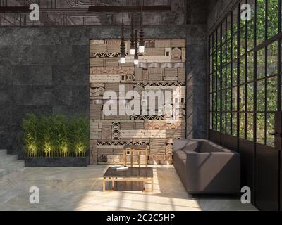 Design of an interior of an office hall with a corner for rest. Loft style. 3D visualization. Stock Photo