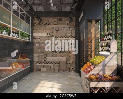 Interior design of a delicatessen grocery store. Loft style. The trading equipment with cheese, wine, fruit. 3D visualization. Stock Photo