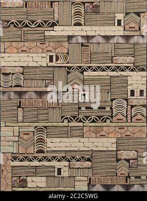 Texture of the decorative stone 3D panels on the wall. An abstract composition of stone blocks and bricks with patterns in ancient style. 3D visualiza Stock Photo