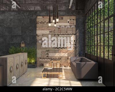 The interior design of the hall with a reception desk and waiting place. Loft style. 3D visualization. Stock Photo