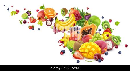 Falling exotic fruits harvest isolated on white background Stock Photo