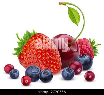 Berry mix isolated on white background, pile of fresh wild berries Stock Photo